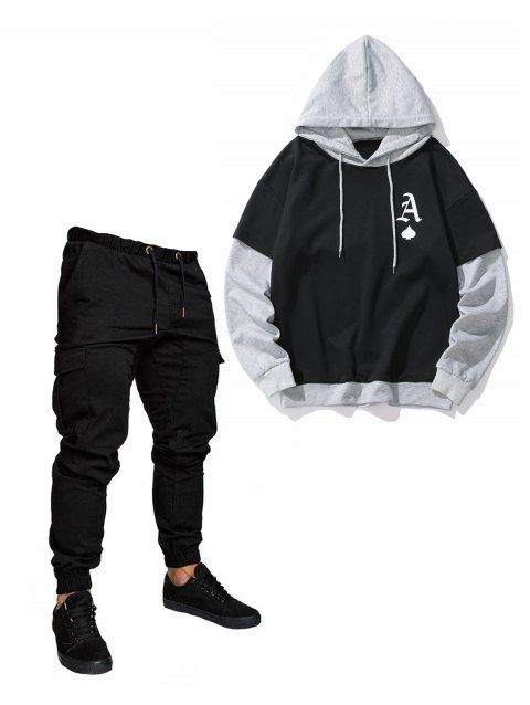 Contrast Colorblock Letter Print Drawstring Long Sleeve Hoodie And Solid Color Beam Feet Cargo Pants Outfit