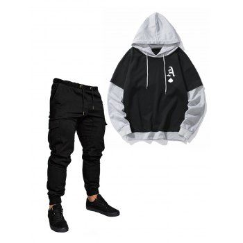 

Contrast Colorblock Letter Print Drawstring Long Sleeve Hoodie And Solid Color Beam Feet Cargo Pants Outfit, Black