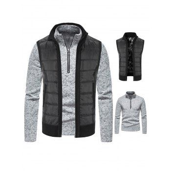 

A Quarter Zip Heathered Stand Collar Flocking Lining Sweatshirt And Ribbed Hem Zip Up Fleece Liner Waistcoat Two Piece Set, Black