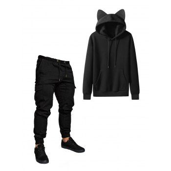 

Solid Color Fleece Lining Front Pocket Hoodie With Cat Ear And Solid Color Drawstring Waist Cargo Pants Outfit, Black