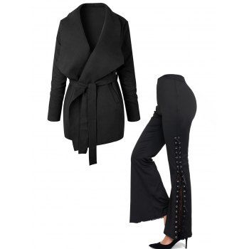 

Plain Color Belted Side Pocket Open Front Coat And Sheer Lace High Waist Lace Up Flare Pants Outfit, Black