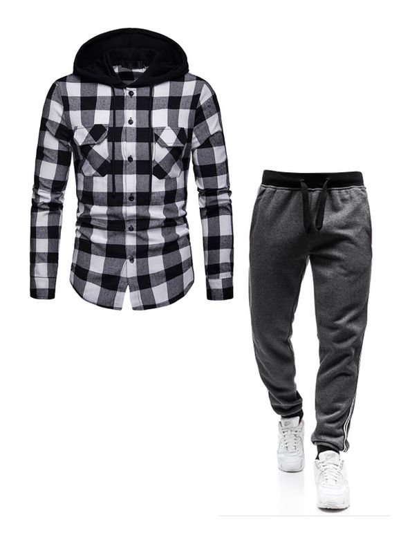 Ensemble de Chemise à Capuche à Carreaux Imprimé Boutonnée à Cordon à Manches Longues et Pantalon de Jogging - Noir M