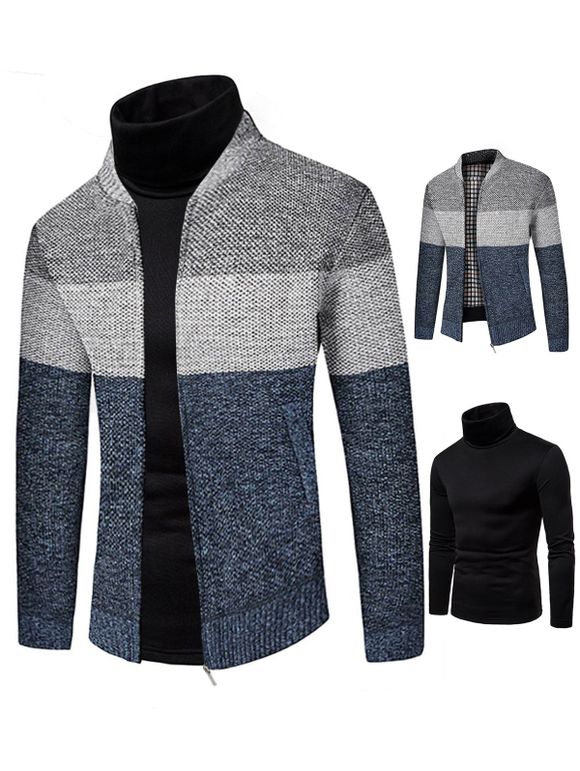Ensemble de T-shirt à Manches Longues à Col Roulé Flocage Doublure et Veste en Blocs de Couleurs Tricotée Zippée - Bleu M