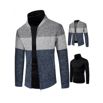 

Colorblock Fleece Lining Knit Zip Up Jacket And Flocking Inner Turtleneck Long Sleeve Plain Color T Shirt Outfit, Blue