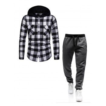 

Plaid Print Drawstring Button Up Long Sleeve Hooded Shirt And Striped Print Beam Feet Jogger Sweatpants Outfit, Black