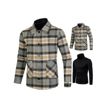 

Plaid Print Button Up Front Pockets Jacket And Solid Color Flocking Liner Turtleneck Long Sleeve T Shirt Two Piece Set, Multicolor