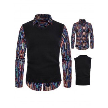 

Tribal Allover Print Long Sleeve Shirt And Solid Color Cowl Neck Sleeveless Sweater Two Piece Set, Multicolor