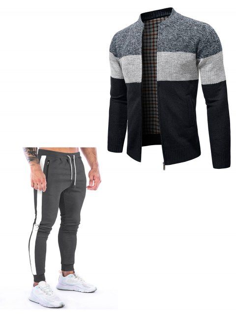 Colorblock Fleece Lining Zip Up Stand-up Collar Warm Knit Jacket And Colorblock Stripe Trim Sport Sweatpants Set