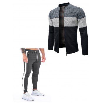 

Colorblock Fleece Lining Zip Up Stand-up Collar Warm Knit Jacket And Colorblock Stripe Trim Sport Sweatpants Set, Multicolor