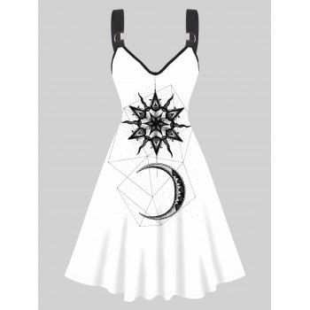 

Sun Moon Geometric Print Dress V Neck High Waisted A Line Mini Dress, White