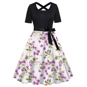 

Plus Size Dress Flower Fruit Leaf Print Crossover Back Bowknot Belted A Line Midi Dress, White