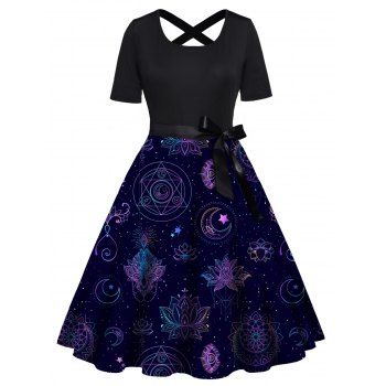 

Plus Size Dress Moon Flower Geometric Galaxy Print Crossover Back Bowknot Belted A Line Midi Dress, Deep blue