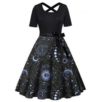 

Plus Size Dress Celestial Sun Moon Galaxy Print Crossover Back Bowknot Belted A Line Midi Dress, Black