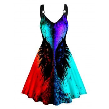 

Gothic Dress Colorblock Wings Print O-ring Strap Sleeveless High Waisted V Neck A Line Midi Dress, Multicolor