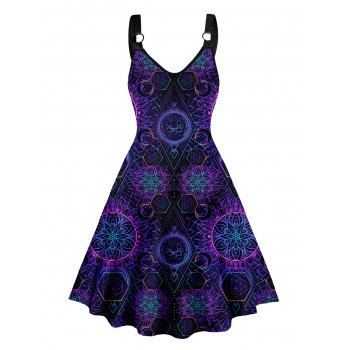 

Allover Flower Geometric Print Dress O-ring Strap Sleeveless High Waisted V Neck A Line Midi Dress, Concord