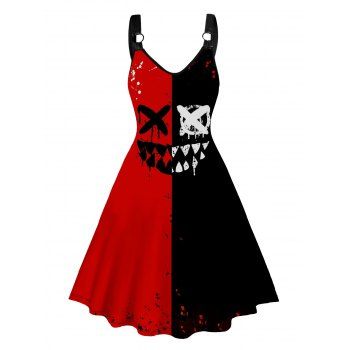 

Gothic Dress Two Tone Color Cross Teeth Oring Strap High Waisted V Neck A Line Midi Dress, Red