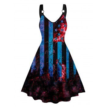 

Star Striped Lightning Print Dress O-ring Strap Sleeveless High Waisted V Neck A Line Midi Dress, Multicolor