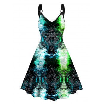 

Star Galaxy Pattern Dress O-ring Strap Sleeveless High Waisted V Neck A Line Midi Dress, Multicolor