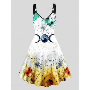 

Moon Painting Print Dress O-ring Strap Sleeveless High Waisted V Neck A Line Midi Dress, White