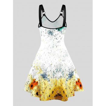 Moon Painting Print Dress O-ring Strap Sleeveless High Waisted V Neck A Line Midi Dress