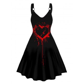 

Heart Pattern Dress O-ring Strap Sleeveless High Waisted V Neck A Line Midi Dress, Black