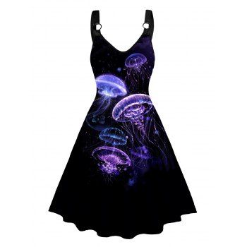 

Jellyfish Pattern Dress O-ring Strap Sleeveless High Waisted V Neck A Line Midi Dress, Black