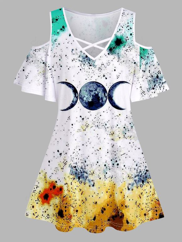 Moon Painting Print T Shirt Crisscross V Neck Cold Shoulder Casual Tee - WHITE XXL