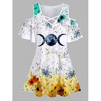 

Moon Painting Print T Shirt Crisscross V Neck Cold Shoulder Casual Tee, White