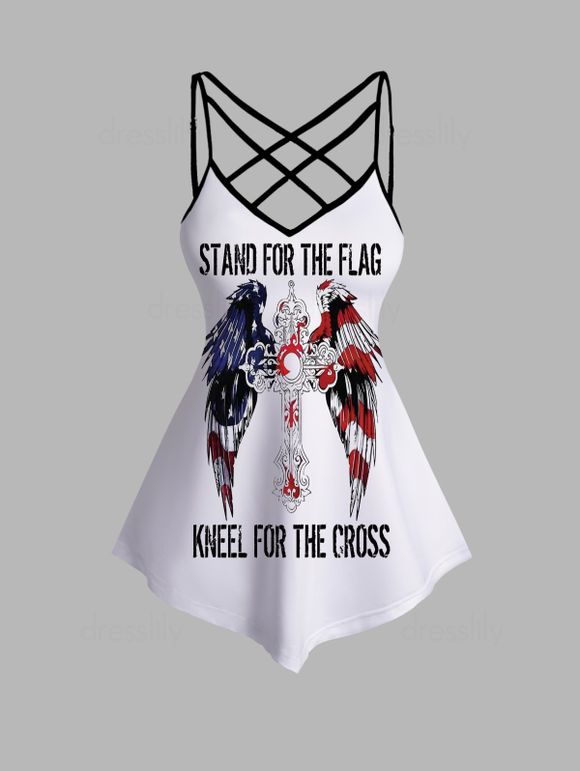 Camisole Patriotique Asymétrique Croisée à Imprimé Aile de Slogan Drapeau Américain - Blanc XL
