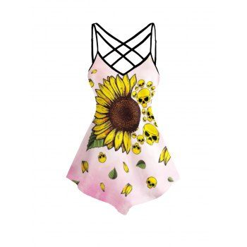 

Sunflower Skull Print Asymmetric Camisole Crisscross Spaghetti Strap Tank Top, Light pink