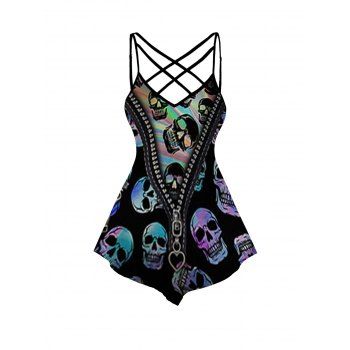 

Psychedelic Skull Zipper 3D Print Asymmetric Gothic Camisole Crisscross Spaghetti Strap Tank Top, Black