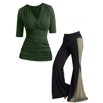 

Ruched Surplice V Neck Short Sleeve T-shirt And Colorblock Layered High Waisted Wide Leg Pants Outfit, Multicolor