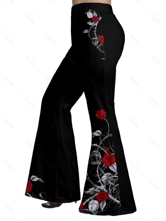 Pantalon Grande Taille Long Évasé Imprimé Rose et Crâne à Taille Haute - Noir 5X | US 24