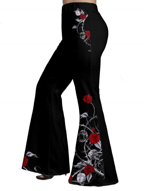 Plus Size & Curve Long Flare Pants Rose Flower Skull Print High Waist Pants
