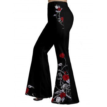 

Plus Size & Curve Long Flare Pants Rose Flower Skull Print High Waist Pants, Black