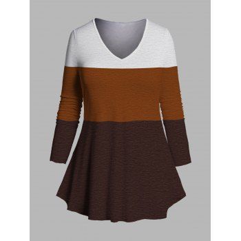 

Plus Size & Curve Colorblock T-shirt Long Sleeve V Neck Casual Tee, Coffee