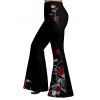 Pantalon Grande Taille Long Évasé Imprimé Rose et Crâne à Taille Haute - Noir 4X | US 22
