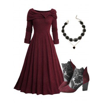 

Heathered Bowknot Foldover Collar Dress And Chunky Heels Sandals Gothic Layered Choker Outfit, Deep red