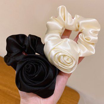 

Retro French Style Rose Shape Solid Color Satin Elastic Trendy Hair Tie, Light coffee