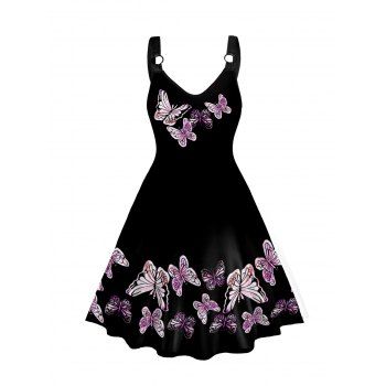 

Plus Size Butterfly Print O-ring Strap V Neck High Waisted A Line Mini Dress, Black