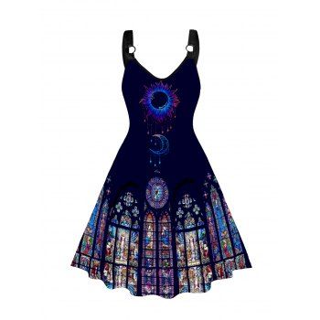 

Plus Size Gothic Stained Glass Printed O Ring A Line Casual Midi Dress, Midnight blue
