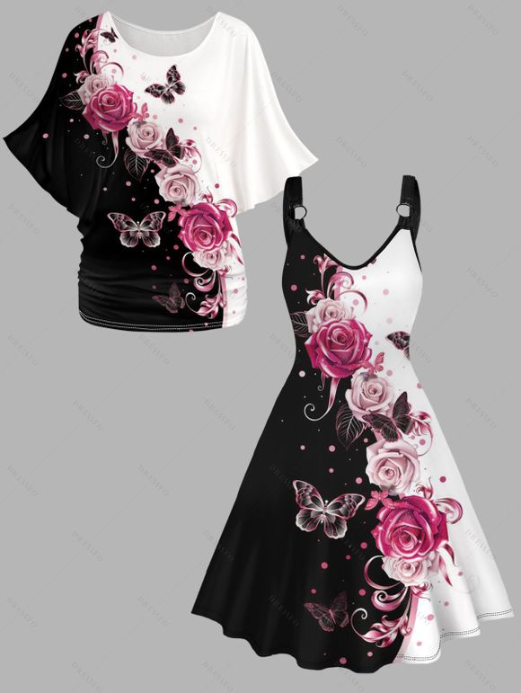 Robe T-shirt Rose Papillon Imprimés Contrasté Anneau en O à Col V et de Robe T-shirt - Blanc S | US 4
