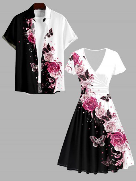 Robe Chemise Plissée Rose et Papillon Imprimés Manches Roulées à Col V pour Femme