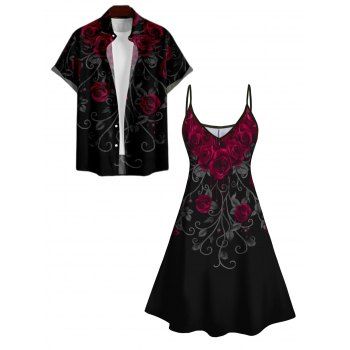 Rose Bleeding Print Women's V Neck Dress and Men's Roll Up Sleeve Shirt Gentleman Shirt Outfit