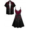 Rose Bleeding Print Women's V Neck Dress and Men's Roll Up Sleeve Shirt Gentleman Shirt Outfit