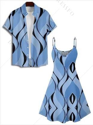 Casual Couple Outfit Geometric Printed Spaghetti Strap V Neck A Line Mini Tank Dress and Button Up Shirt Vacation Matching Outfit - Bleu gris S | US 4