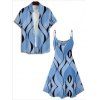 Casual Couple Outfit Geometric Printed Spaghetti Strap V Neck A Line Mini Tank Dress and Button Up Shirt Vacation Matching Outfit - Bleu gris S | US 4