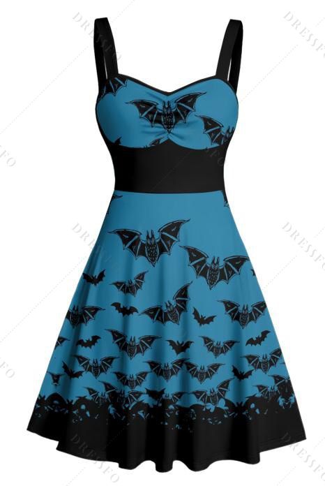 Robe gothique pour Halloween, mini-robe froncée à imprimé chauve-souris colorblock - Bleu profond XXXXXL | US 20