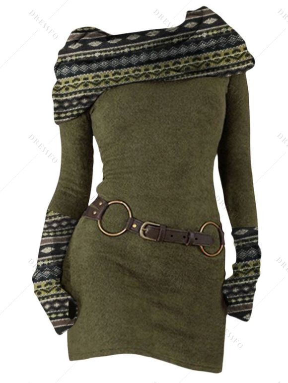Robe en maille à imprimé ethnique et col oblique, robe à manches longues avec boucle en O - Vert Armée XXL | US 12