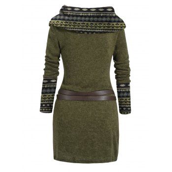 Ethnic Print Skew Neck Knitted Dress O Ring Buckle Long Sleeve Dress